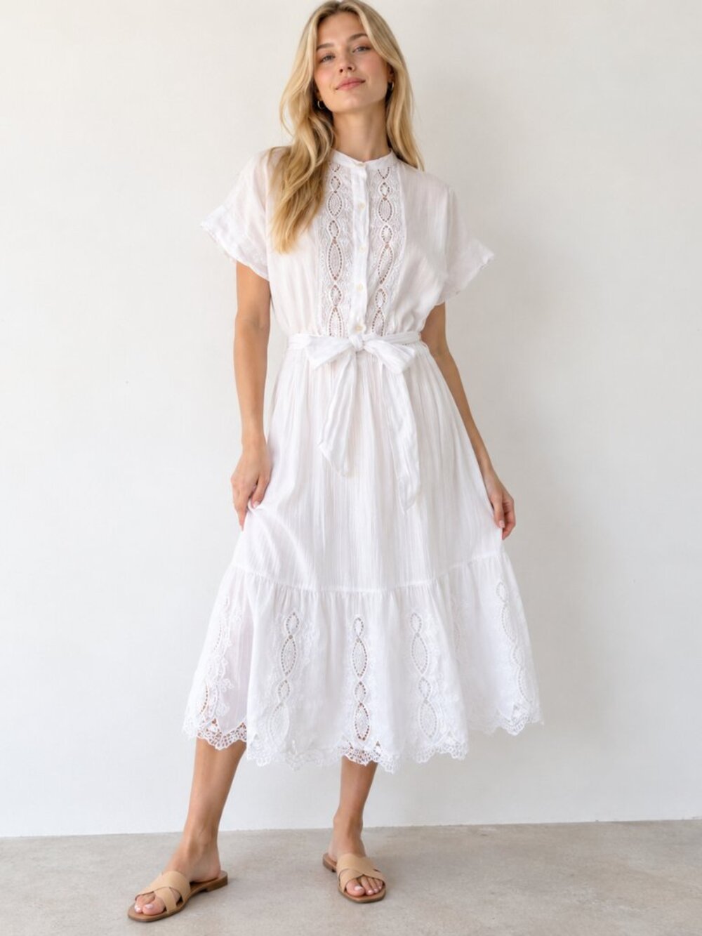 Lauren Ralph Lauren White Cotton Lace Belted Midi Dress Quiet Luxury Vacation 6